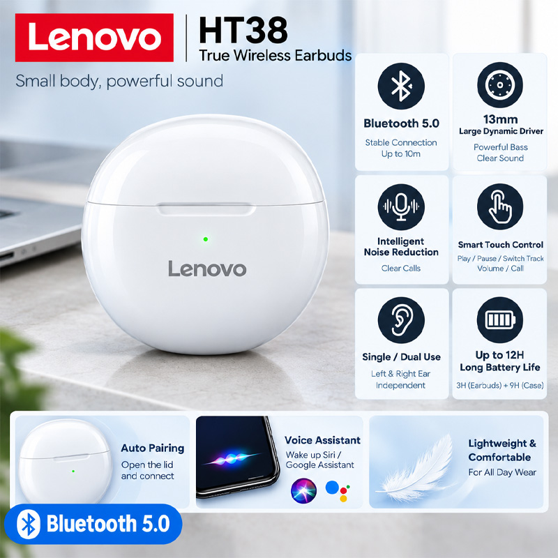 Type C Wired Earphones With Mic - Lenovo HT38 TWS 스포츠 이어폰, 미니
