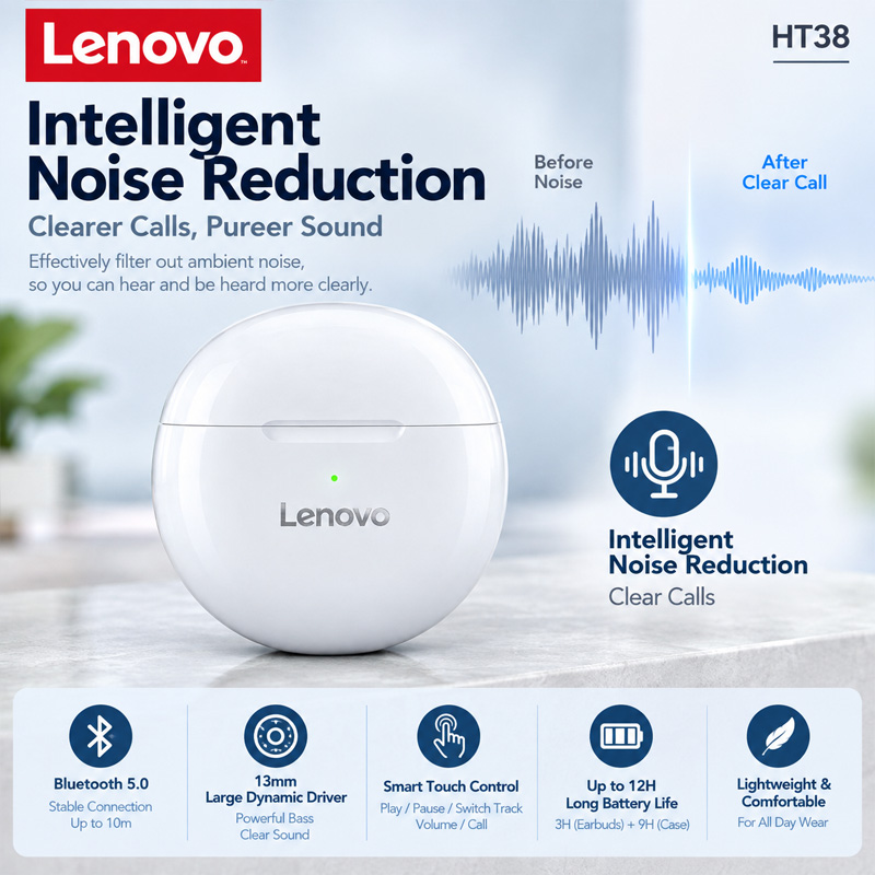 Lenovo HT38 TWS 스포츠 이어폰, 미니 무선 - Type C Wired Earphones With Mic 리뷰 및 가격